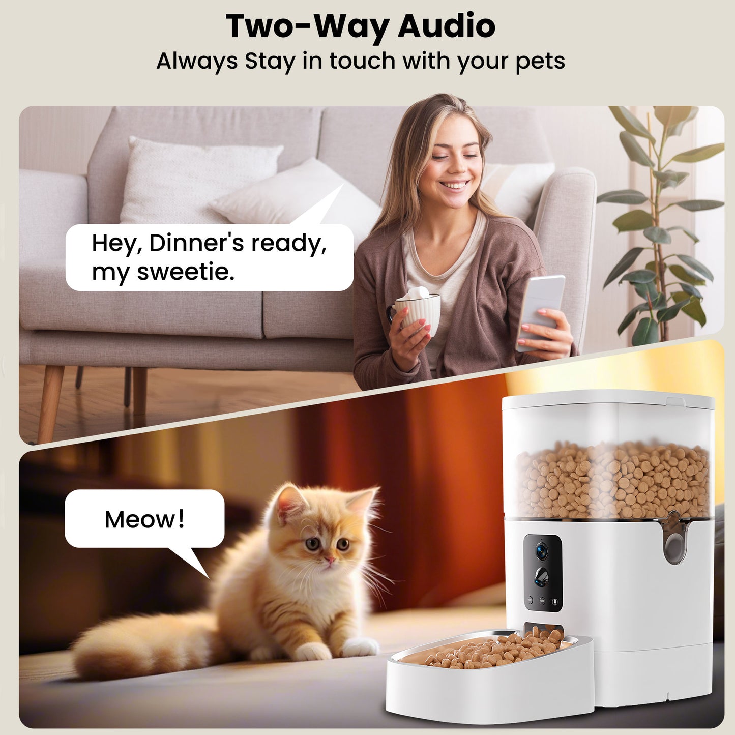 pet feeder with two-way audio and custom meal call
