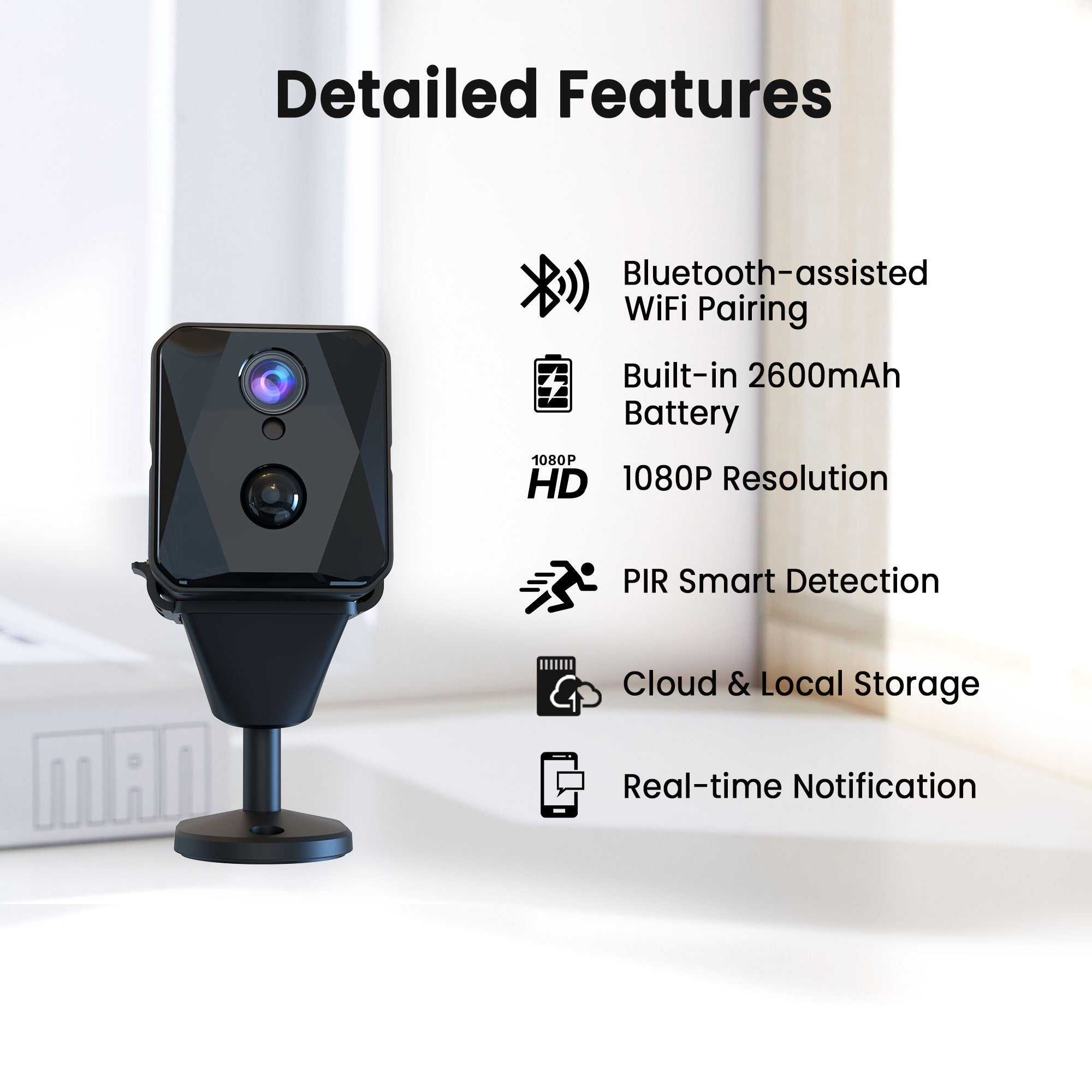 Mini cordless WiFi security camera with PIR motion detection