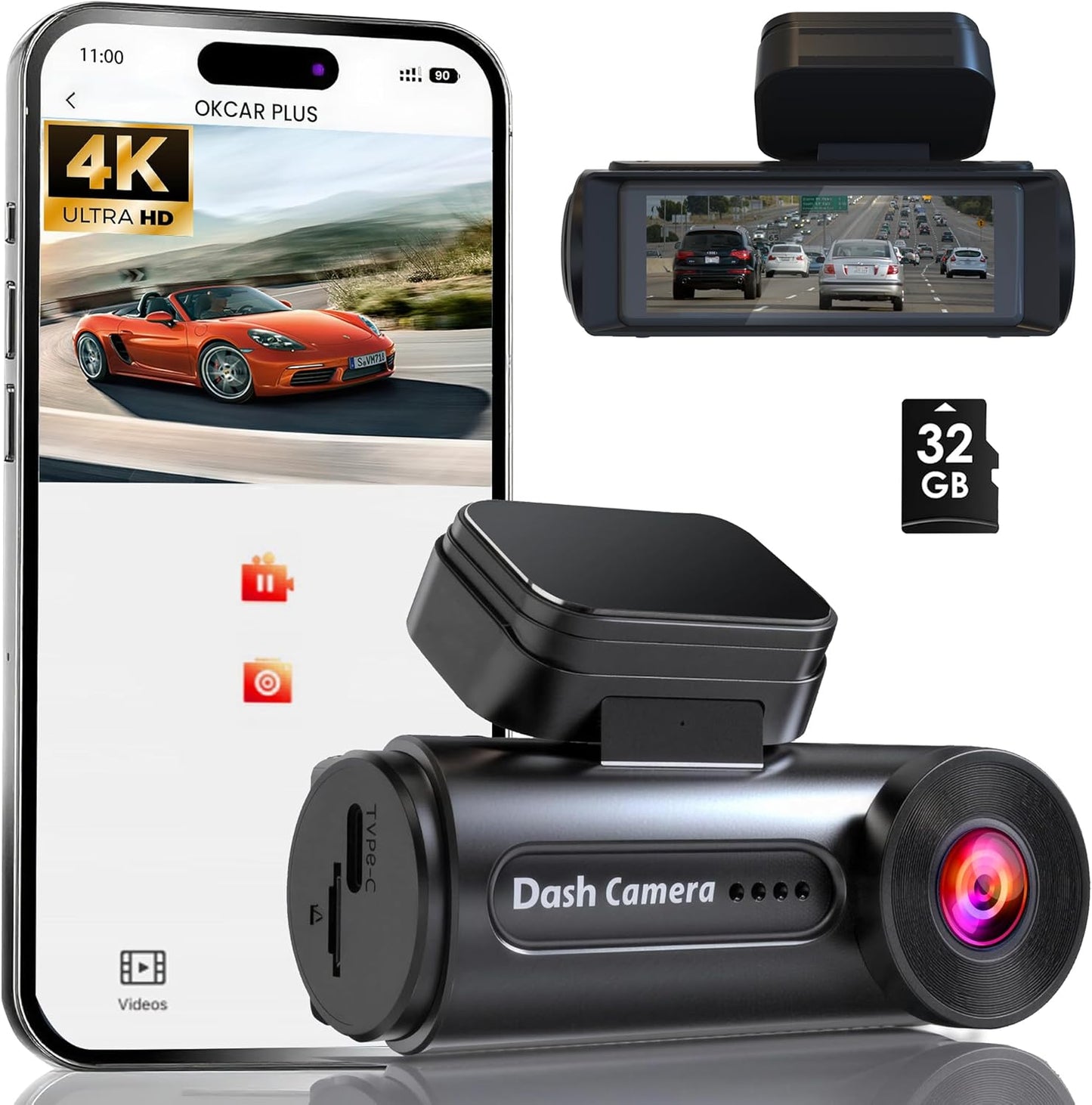 4K Dash Cam Front with Built-in WiFi for Cars, 32GB Card Included