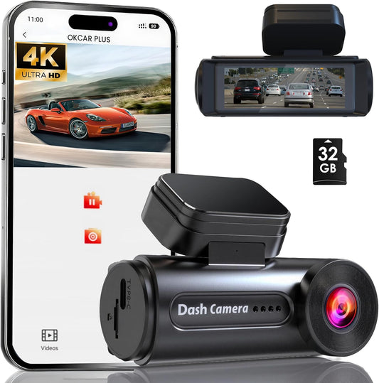 4K Dash Cam Front with Built-in WiFi for Cars, 32GB Card Included