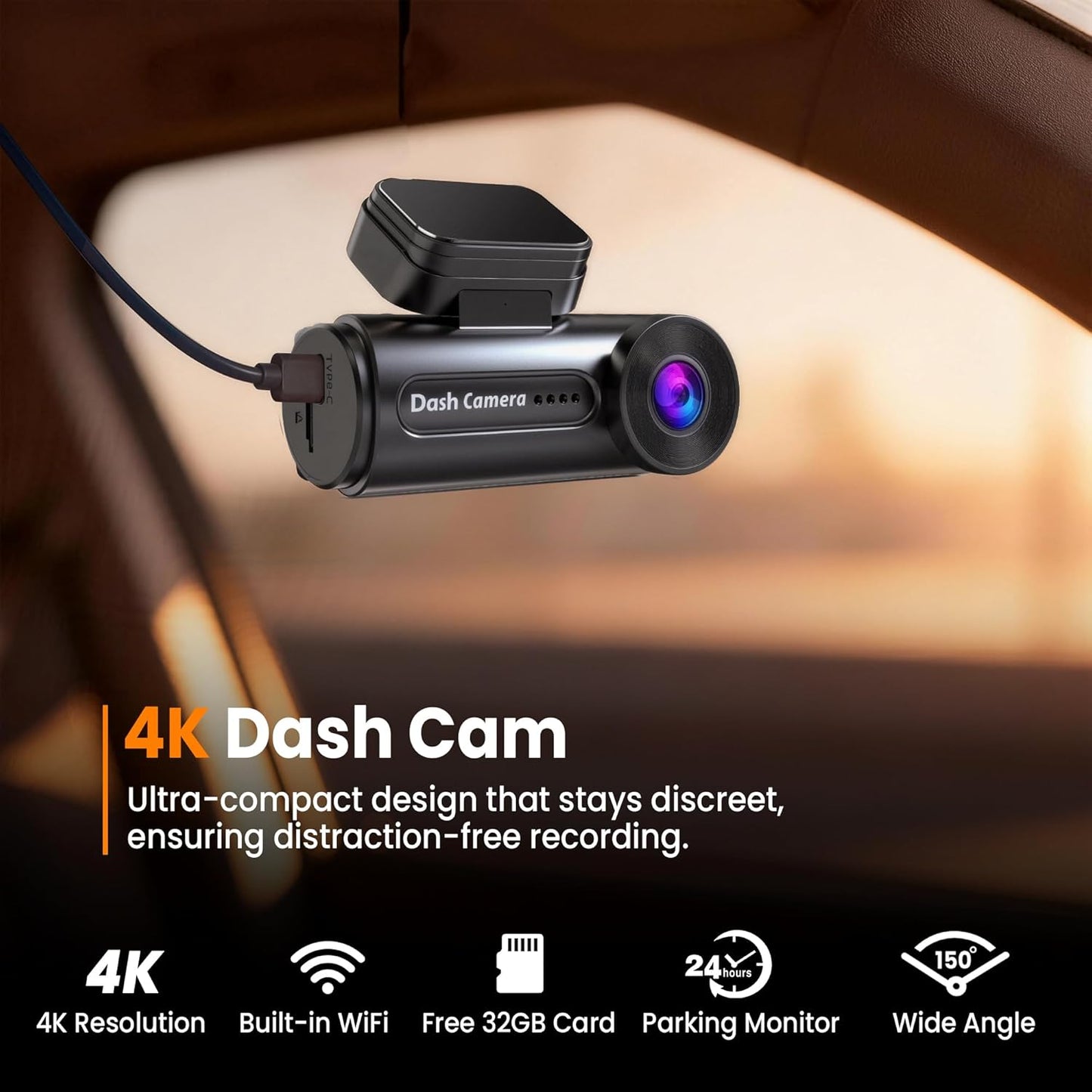 4K Dash Cam Front with Built-in WiFi for Cars, 32GB Card Included