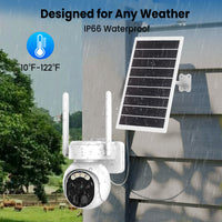 Outdoor security camera with solar panel, designed for any weather conditions.