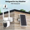 Outdoor security camera with solar panel, rain simulation, and weather resistance