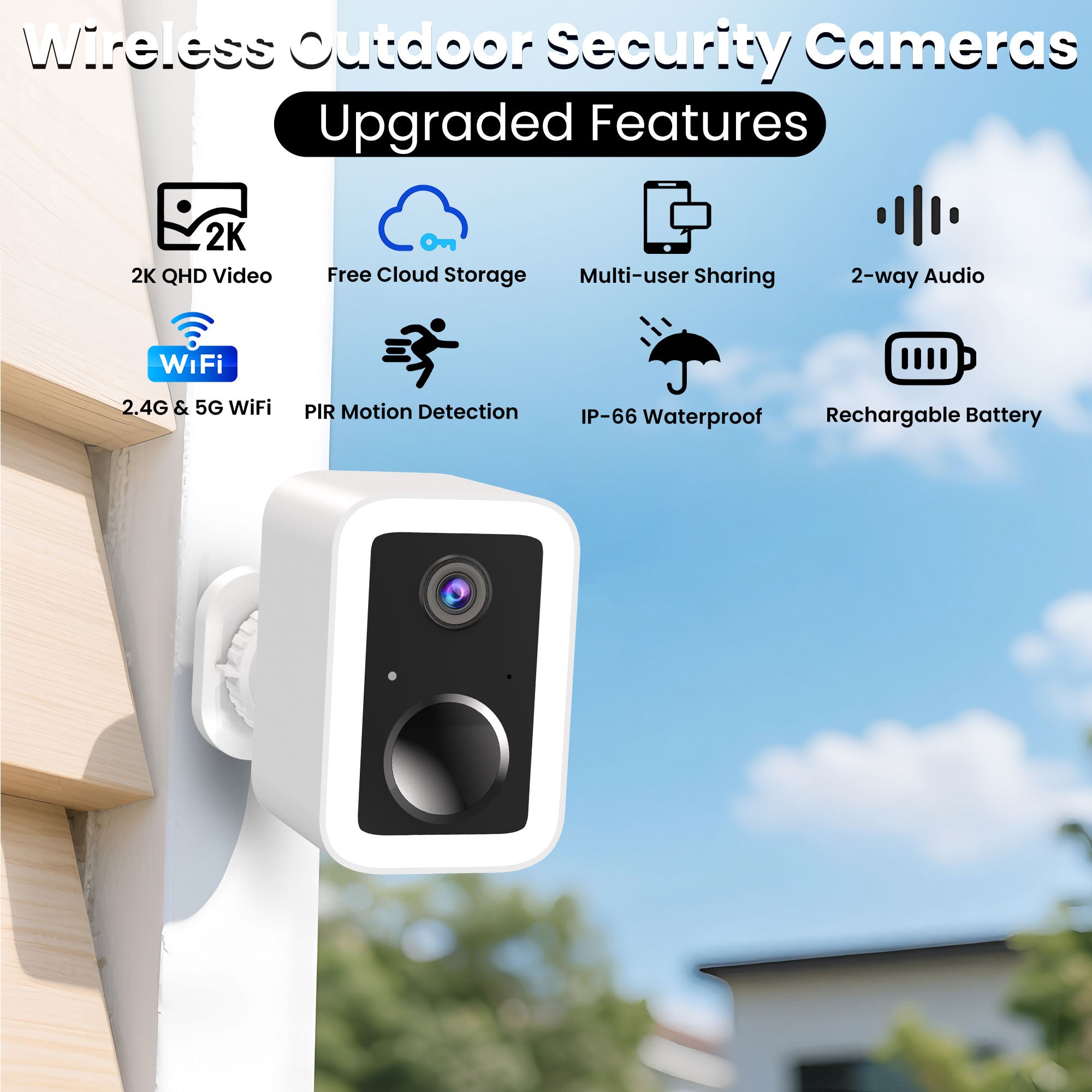 2K Wireless Outdoor Security Camera, 2-Way Talk, Free Cloud